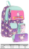 Kaukko Kız Çocuk Beş Bölmeli Okul Çantası ve Üç Bölmeli Kalemlik Seti - Peluş Tavşanlı - Mor Yeşil thumbnail 2