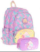 Kaukko Kız Çocuklar İçin Okul Sırt Çantası (L5225) ve Üç Bölmeli Kalemlik (L8225) Seti - Pembe Yeşil - Denizkızı Nakışlı ve Baskılı thumbnail 1
