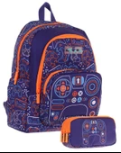 Kaukko Kids (L5281+L8281) Üç Gözlü Erkek Çocuk Okul Çantası ve Kalem Çantası Seti - Turuncu Lacivert - Oyun Baskılı thumbnail 1