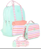 Kaukko Double Stripe Kız Çocuk İlkokul Üçlü Okul Çantası Seti - Su Yeşili Pembe - Çizgi Desenli thumbnail 1