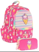 Kaukko Kız Çocuk Dört Gözlü Okul Çantası ve Üç Gözlü Kalem Çantası Seti - Pembe - Dondurma (L5227+L8227) thumbnail 1