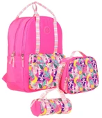 Kaukko Double Stripe Kız Çocuk İlkokul Üçlü Okul Çantası Seti - Pembe - Yaprak Desenli thumbnail 1