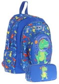 Kaukko Erkek Çocuklar İçin Okul Sırt Çantası (L5262) ve Üç Bölmeli Kalemlik (L8262) Seti - Mavi Yeşil - 3D Dinazor Detaylı thumbnail 1