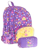 Kaukko Kız Çocuklar İçin Okul Sırt Çantası (L5226) ve Üç Bölmeli Kalemlik (L8226) Seti - Mor Pembe - Flamingo Nakışlı ve Baskılı thumbnail 1