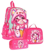 Kaukko Kids Dört Bölmeli Okul Çantası + Beslenme +Kalemlik Seti (Dondurma Yiyen Kedi - Kız Çocuk - Pembe) thumbnail 1