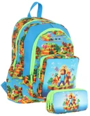 Kaukko Kids (L5280+L8280) Üç Gözlü Erkek Çocuk Okul Çantası ve Kalem Çantası Seti - Yeşil Mavi - Craft Baskılı thumbnail 1
