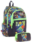 Kaukko Çanta Erkek Çocuk Dinazor Desenli Baskılı Okul Çantası ve Kalem Kutusu Seti (L5266+KK-L8266) - Siyah Yeşil thumbnail 1