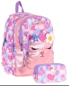 Kaukko Kids Kız Çocuklar İçin Sırt Çantası ve Kalemlik Seti - Kedi Şekilli - Pembe Mor - (L5219+L8219) thumbnail 1