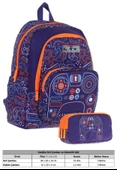 Kaukko Kids (L5281+L8281) Üç Gözlü Erkek Çocuk Okul Çantası ve Kalem Çantası Seti - Turuncu Lacivert - Oyun Baskılı thumbnail 2