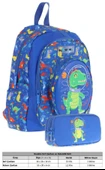 Kaukko Erkek Çocuklar İçin Okul Sırt Çantası (L5262) ve Üç Bölmeli Kalemlik (L8262) Seti - Mavi Yeşil - 3D Dinazor Detaylı thumbnail 2