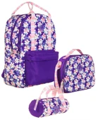 Kaukko Double Stripe Kız Çocuk İlkokul Üçlü Okul Çantası Seti - Mor - Çiçek Desenli thumbnail 1