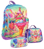 Kaukko Kids Dört Bölmeli Okul Çantası + Beslenme +Kalemlik Seti (Dondurma - Kız Çocuk - Kırmızı Mavi) thumbnail 1