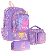 Kaukko Kids Kız Çocuklara Özel (Mor Sarı - Unicorn Detaylı) Üçlü Okul Çantası Seti thumbnail 1
