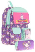 Kaukko Kız Çocuk Beş Bölmeli Okul Çantası ve Üç Bölmeli Kalemlik Seti - Peluş Tavşanlı - Mor Yeşil thumbnail 1