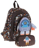 Kaukko Erkek Çocuklar İçin Okul Sırt Çantası (L5264) ve Üç Bölmeli Kalemlik (L8264) Seti - Siyah - 3D Roket Detaylı thumbnail 1