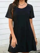 Kadın Kısa Kollu Yuvarlak Yaka şerit Kol Detaylı Viskon Elbise thumbnail 4