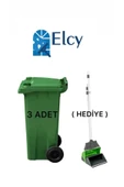 ELCY 3 Adet Yeşil Plastik Çöp Konteyneri 120 lt Isıya Karşı Dayanıklı Faras Hediyeli - 1