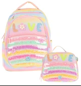 Kaukko Kids Dört Bölmeli Okul Çantası ve Beslenme Çantası Seti - Simli Pullu Love Baskılı - Kız Çocuk (L5214+L7214) thumbnail 1