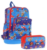 Kaukko Kids Erkek Çocuk Mavi Kırmızı Okul Çantası ve Üç Bölmeli Kalemlik Seti - Silikon Aksesuarlı thumbnail 1