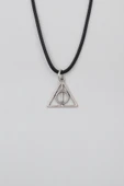 Minimal Harry Potter Ölüm Yadigarları Siyah Deri İp Kolye - Antik Gümüş Kaplama - Kadın Erkek - 60 cm thumbnail 1