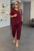 Kadın Kısa Kollu V Yakalı Pul Payetli Viskon Iki Iplik Bluz Ve Pantolon Ikili Takım thumbnail 2