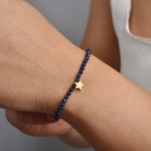14 Ayar Altın Kaplama Lapis Lazuli Doğal Taşlı Yıldız Gümüş Bileklik - BGS00107 - 2