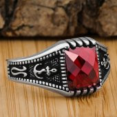 Kırmızı Zirkon Taşlı Denizci Çapa Tasarımlı 925 Ayar Gümüş Yüzük thumbnail 1