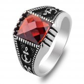 Kırmızı Zirkon Taşlı Denizci Çapa Tasarımlı 925 Ayar Gümüş Yüzük thumbnail 3
