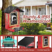 BirdSnap APS - Kameralı Güneş Panelli Metal Kuş Yemliği 2K HD - Kırmızı - 3