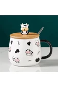 Coverzone İnek Tasarımlı Kapaklı Kaşıklı Seramik Dekoratif Hediyelik Kupa Mug thumbnail 1