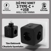 3 Prizli 2 USB + 1 Type-C Çocuk Termal Kısa Devre Akım Korumalı Topraklı Golyat Grup Şarj Fiş Priz thumbnail 2