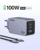UGREEN Nexode Pro 100W GaN Hızlı Şarj Cihazı USB-C QC PD 2xUSB-C, 1xUSB-A, Uzay Grisi, 25874 - 2