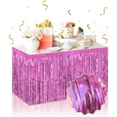 Kendinden Yapışkanlı Pembe Metalize Püsküllü Masa Eteği – 75 X 275 Cm Parti Süslemesi - 1