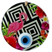 Pembe Flamingolu Çiçekli Nazar Boncuklu 15 Santimetre Çapında Duvar Süsü thumbnail 1