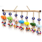 Seramik Yedi Adet Filli Nazar Boncuklu Rengarenk Tahta Boncuklu Kapı, Duvar ve Bahçe Süsü thumbnail 2