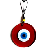 El Yapımı Vişne Kırmızısı Şeffaf Cam Nazarlık Deri İpli Duvar Süsü - 1