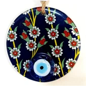 Çiçek Desenli Lacivert Nazar Boncuklu Füzyon Cam Duvar Süsü thumbnail 1