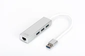 Digitus 3 Port USB 3.0 Hub & USB 3.0 Gigabit Ethernet Adaptörü, 1 x 10/100/1000 RJ45 Dişi Yuva, 1 x USB-A Erkek Konnektör Kablolu 20 cm, 3 x USB 3.0 USB-A Dişi Konnektör, alüminyum, Mac ve Windows des - 1