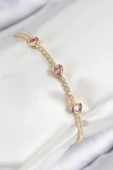 Pirinç Zirkon Taşlı Pembe Kalp Model Gold Renk Kadın Bileklik - EBJ250816W37208 thumbnail 1