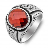 Oval Kırmızı Zirkon Taşlı Desenli 925 Ayar Gümüş Yüzük thumbnail 3