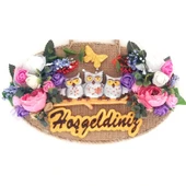 Baykuş Ailesi Hoşgeldiniz Yazılı Çiçekli El Yapımı Kapı Süsü thumbnail 1