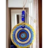 Gold Cam Üzeri Mavi Motifli Nazar Boncuklu Göz Detaylı Duvar Süsü - 3