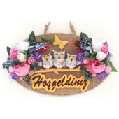 Baykuş Ailesi Hoşgeldiniz Yazılı Çiçekli El Yapımı Kapı Süsü thumbnail 3