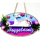 Kedi Figürlü Hoşgeldiniz Yazılı El Boyaması Renkli Kapı Süsü thumbnail 1