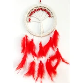 Kırmızı Kuş Tüylü Hayat Ağacı Düş Kapanı Duvar Süsü thumbnail 2