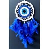 Saks Mavisi Kuş Tüylü Dream Catcher Nazar Boncuğu Motifli Düş Kapanı Duvar Süsü thumbnail 3