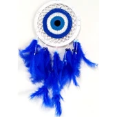 Saks Mavisi Kuş Tüylü Dream Catcher Nazar Boncuğu Motifli Düş Kapanı Duvar Süsü thumbnail 2