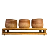 Bitki Tasarımı Ev dekorasyon Aksesuar Kahverengi Granit Efektli Çizgili Toprak Saksı Üçlü Ahşap Tabanlı Çiçeklik Saksı Saksılık thumbnail 1