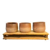 Bitki Tasarımı Ev dekorasyon Aksesuar Kahverengi Granit Efektli Çizgili Toprak Saksı Üçlü Ahşap Tabanlı Çiçeklik Saksı Saksılık thumbnail 3