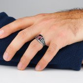 Kırmızı Zirkon Taşlı Çizgi Motifli 925 Ayar Gümüş Yüzük thumbnail 2